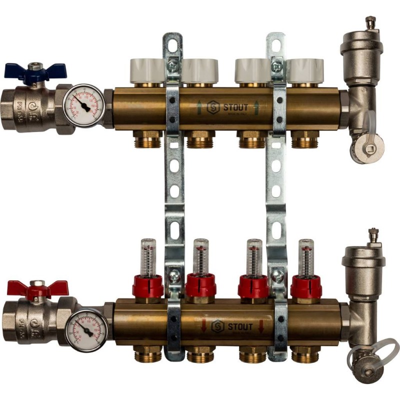 Распределительный коллектор из латуни с расходомерами 4 вых.