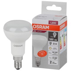 Лампа светодиодная OSRAM LED Value R, 560лм, 7Вт (замена 60Вт), 3000К (теплый белый свет). Цоколь E14, колба R, угол пучка 120°.