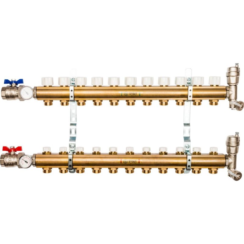 коллектор распределительный на 11 выходов, без расходомеров, латунь