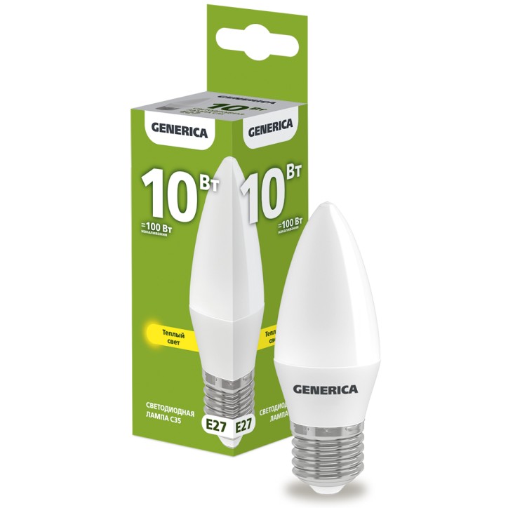 Лампа светодиодная C35 свеча 10Вт 230В 3000К E27 GENERICA
