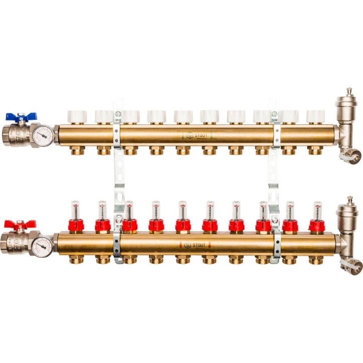 Распределительный коллектор из латуни с расходомерами 10 вых.