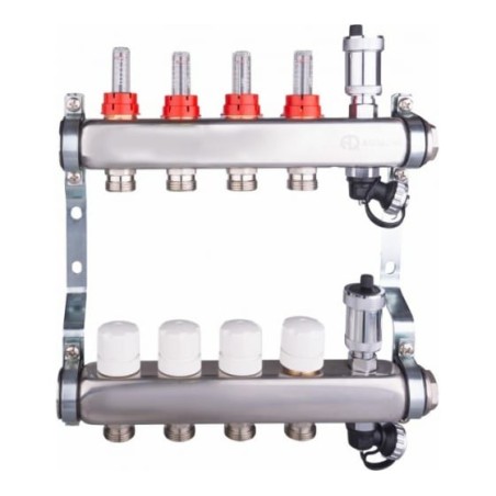 Коллекторная группа 1х11х3/4 с расходомерами, сливным краном и автомат. возд-ком, нерж. Сталь