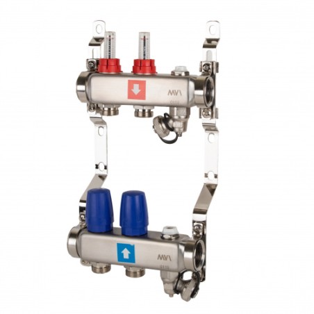 Коллекторная группа с расходомерами 1'x2 выхода 3/4' НР евроконус с дренажным краном и воздухоотводч