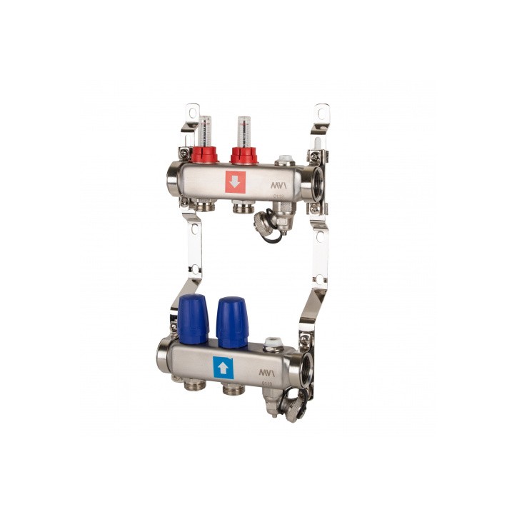 Коллекторная группа с расходомерами 1'x2 выхода 3/4' НР евроконус с дренажным краном и воздухоотводч