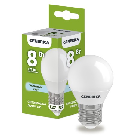 Лампа светодиодная G45 шар 8Вт 230В 6500К E27 GENERICA