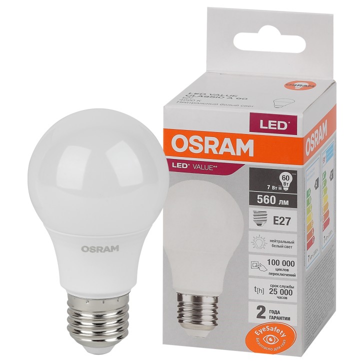 Лампа светодиодная LED 7 Вт E27 4000К 560Лм груша 220 В (замена 60Вт) OSRAM Лампа светодиодная LED 7 Вт E27 4000К 560Лм груша 220 В (замена 60Вт) OSRAM