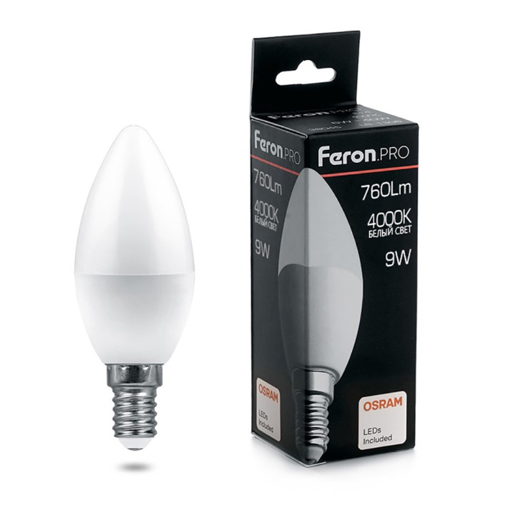 Лампа светодиодная LED 9вт Е14 белый матовая свеча Feron.PRO Лампа светодиодная LED 9вт Е14 белый матовая свеча Feron.PRO