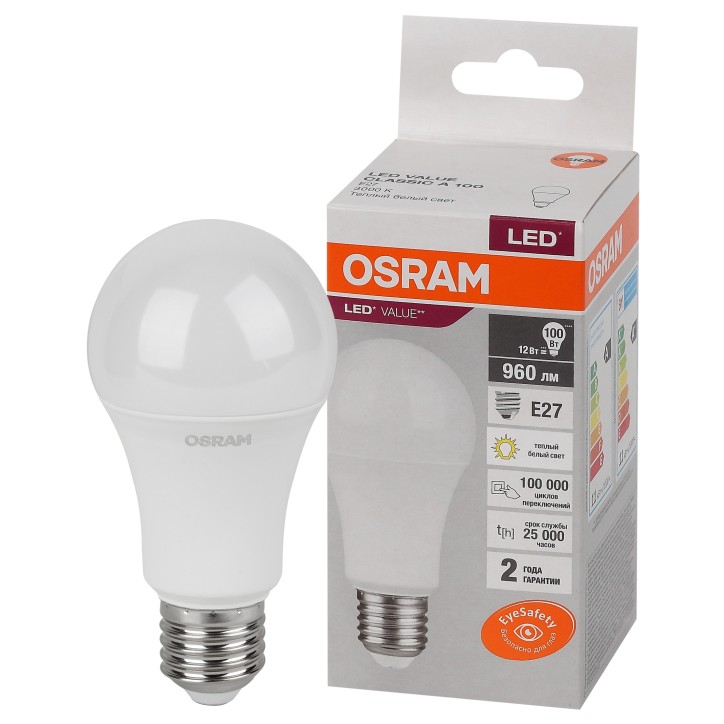 Лампа светодиодная OSRAM LED Value A, 960лм, 12Вт (замена 100Вт), 3000К (теплый белый свет). Цоколь E27, колба A, угол пучка 180