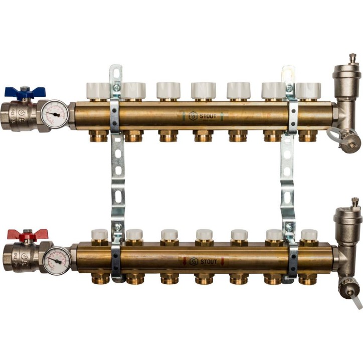 коллектор распределительный на 7 выходов, без расходомеров, латунь