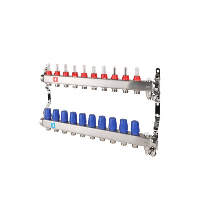 Коллектор из нержавеющей стали в сборе с расходомерами дренажным краном и воздухоотводчиком 10 выход