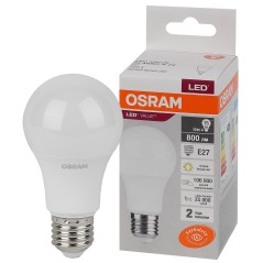 Лампа светодиодная OSRAM LED Value A, 800лм, 10Вт (замена 75Вт), 3000К (теплый белый свет). Цоколь E27, колба A, угол пучка 180°