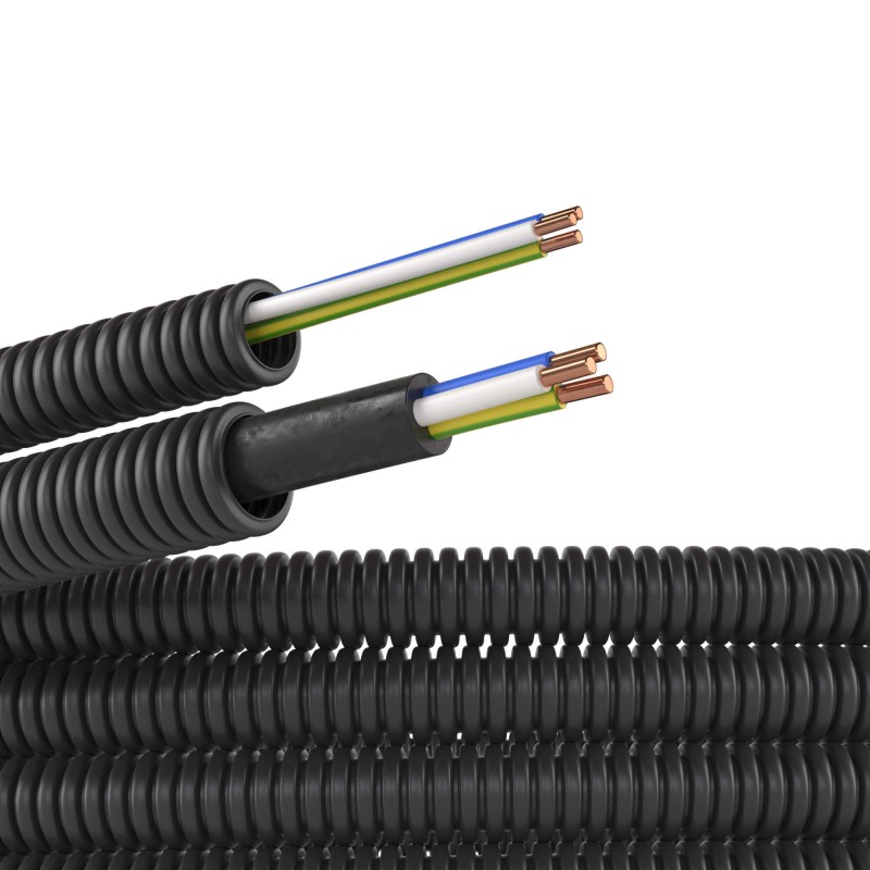 Труба ПНД гибкая гофрированная, д.16мм, цвет черный, с проводом 2,5x3 ПВ-1 (ПуВ) гост+, 50м