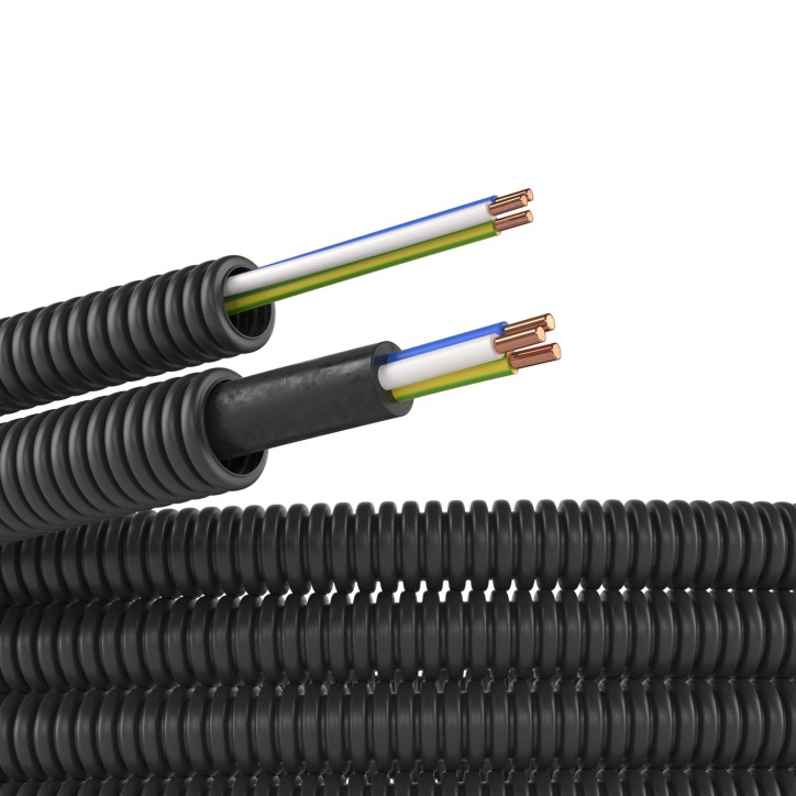 Труба ПНД гибкая гофрированная, д.16мм, цвет черный, с проводом 2,5x3 ПВ-1 (ПуВ) гост+, 50м