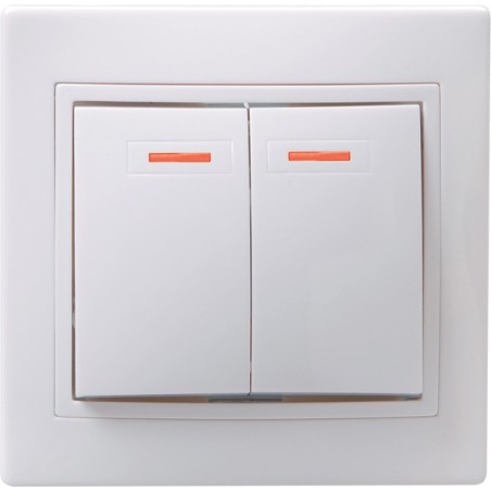 КВАРТА Выключатель двухклавишный скрытый белый с индикацией в сборе