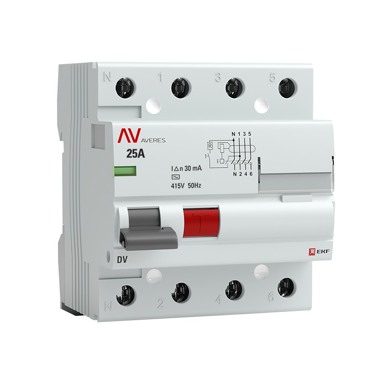 Устройство защитного отключения DV 4P 25А/ 30мА (AC) AVERES