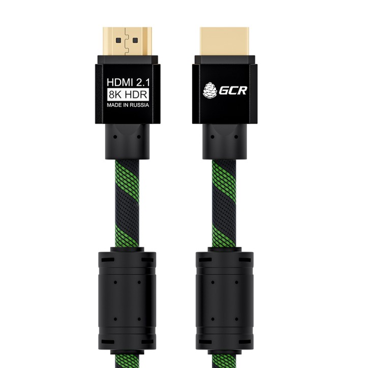 Кабель HDMI 2.1, Ultra HD 19М на 19М, 2 м., AL черный-зеленый нейлон, ферритовые кольца, GCR-51834