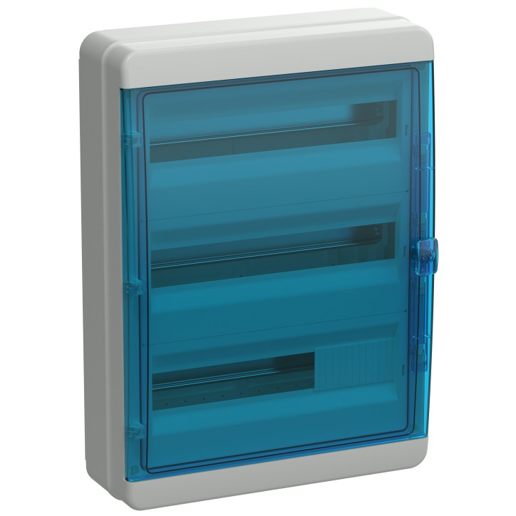 Корпус пластиковый навесной на 54 модуля КМПн-54 IP65 TEKFOR синяя прозрачная дверь Корпус пластиковый навесной на 54 модуля КМПн-54 IP65 TEKFOR синяя прозрачная дверь