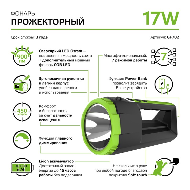 Фонарь светодиодный прожекторный 17 Вт 900 лм Черный IP3X аккумуляторный Power Bank Li-ion 10000мАч Фонарь светодиодный прожекторный 17 Вт 900 лм Черный IP3X аккумуляторный Power Bank Li-ion 10000мАч