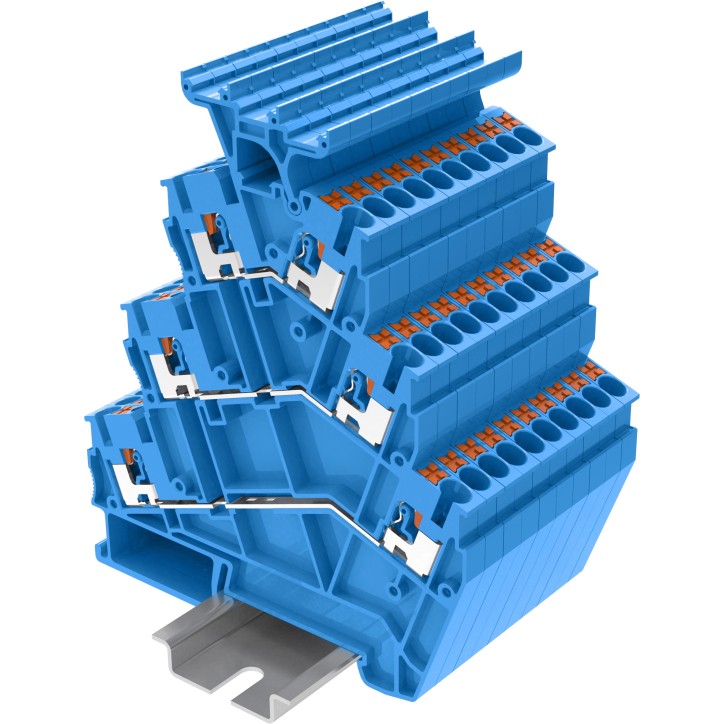 Клемма TP 3-уровневая угловая с держателем маркировки, Push-in, сечение 2,5 мм. кв., синяя