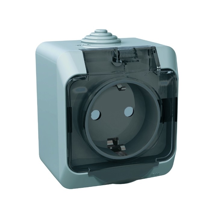 ЭТЮД Розетка наружная с заземлением со шторками IP44 серая ЭТЮД Розетка наружная с заземлением со шторками IP44 серая