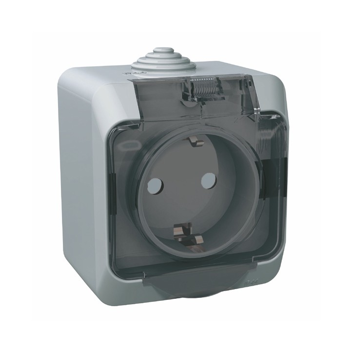 ЭТЮД Розетка наружная с заземлением со шторками IP44 серая ЭТЮД Розетка наружная с заземлением со шторками IP44 серая