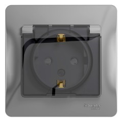 GLOSSA Розетка с заземлением со шторками с крышкой алюминий в сборе IP44