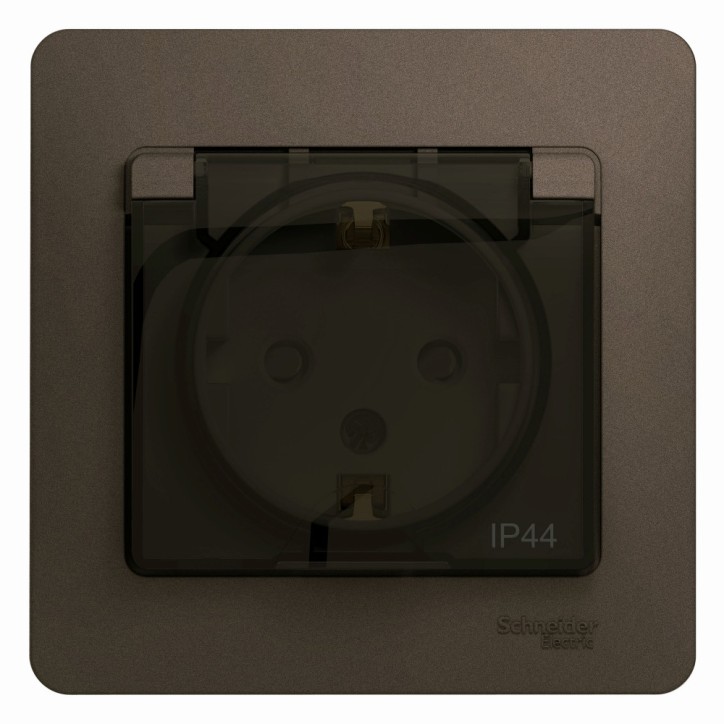 GLOSSA Розетка с заземлением со шторками с крышкой IP44 шоколад в сборе