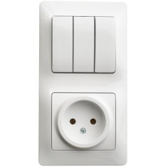 Блок: розетка + выключатель трехклавишный белый
