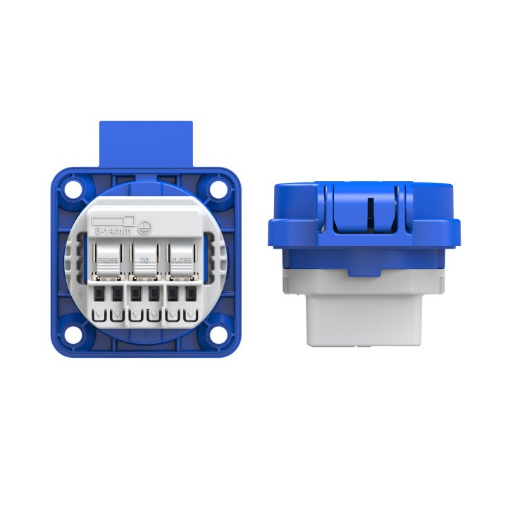 Розетка встраиваемая 16А/250V/2P+E/IP54 50x50 подключение сзади синяя безвинтовые клеммы