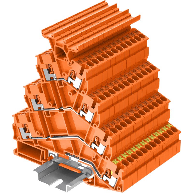 Клемма TP 4-уровневая, угловая с держателем маркировки, с земля, Push-in, сечение 2,5 мм. кв., оранжевая