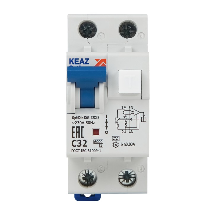 Выключатель автоматический дифференциального тока АВДТ с защитой от сверхтоков 2П 32А 30мА A OptiDin Выключатель автоматический дифференциального тока АВДТ с защитой от сверхтоков 2П 32А 30мА A OptiDin