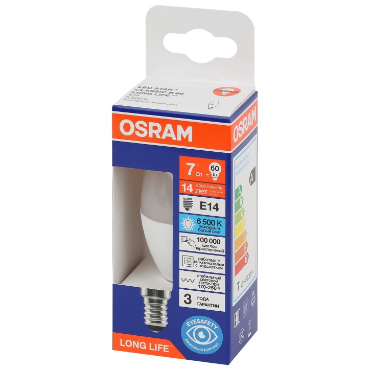 Лампа светодиодная LED 7Вт Е14 6500К 600Лм свеча 220В (замена 60Вт) OSRAM Лампа светодиодная LED 7Вт Е14 6500К 600Лм свеча 220В (замена 60Вт) OSRAM