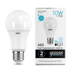 Лампа светодиодная LED 10 Вт 920 лм 4100К А60 груша нейтральный E27 AC 220В Elementary Gauss