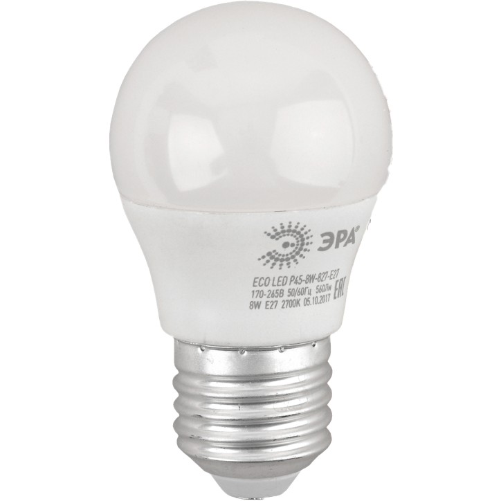 LED лампа P45-8W-827-E27 (диод, шар, 8Вт, тепл, E27)