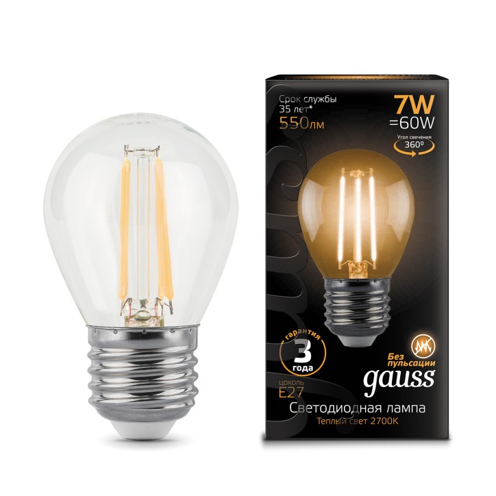 Лампа светодиодная филаментная LED 7 Вт 550 лм 2700К шар P45 теплый E27 AC 220В прозрачная колба Bla Лампа светодиодная филаментная LED 7 Вт 550 лм 2700К шар P45 теплый E27 AC 220В прозрачная колба Bla