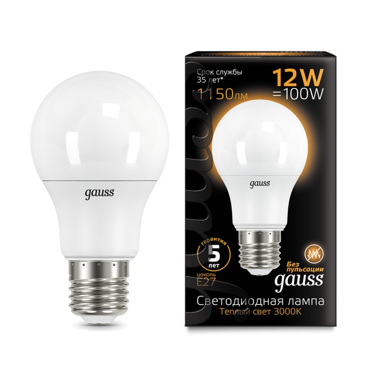 Лампа Gauss A60 12W 1150lm 3000K E27 LED 1/10/50