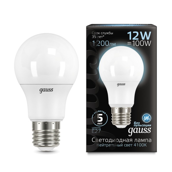 Лампа Gauss A60 12W 1200lm 4100K E27 LED 1/10/50