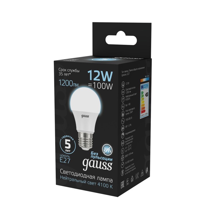 Лампа светодиодная LED 12 Вт 1200 лм 4100К А60 груша нейтральный E27 AC 220В Black Gauss Лампа светодиодная LED 12 Вт 1200 лм 4100К А60 груша нейтральный E27 AC 220В Black Gauss