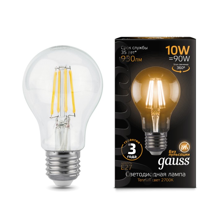 Лампа Gauss Filament А60 10W 930lm 2700К Е27 LED 1/10/40