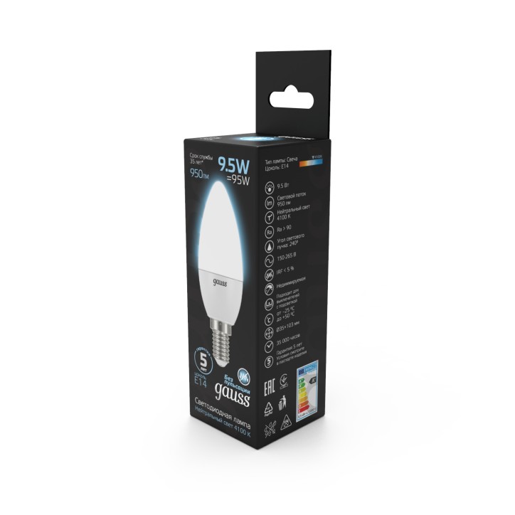 Лампа светодиодная LED 9.5 Вт 950 лм 4100К свеча нейтральный E14 AC 220В Black Gauss Лампа светодиодная LED 9.5 Вт 950 лм 4100К свеча нейтральный E14 AC 220В Black Gauss