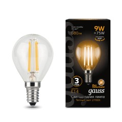 Лампа светодиодная филаментная LED 9 Вт 680 лм 2700К шар P45 теплый E14 AC 220В прозрачная колба Bla