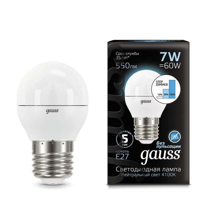 Лампа светодиодная LED 7 Вт 550 лм 4100К шар P45 нейтральный E27 AC 220В шаговое диммирование выключ Лампа светодиодная LED 7 Вт 550 лм 4100К шар P45 нейтральный E27 AC 220В шаговое диммирование выключ