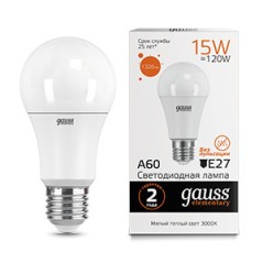 Лампа светодиодная LED 15 Вт 1320 лм 3000К А60 груша теплый E27 AC 220В Elementary Gauss