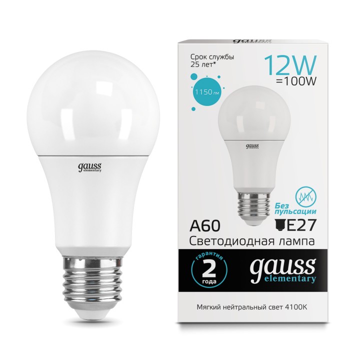 Лампа Gauss Elementary A60 12W 1150lm 4100K E27 LED 1/10/40