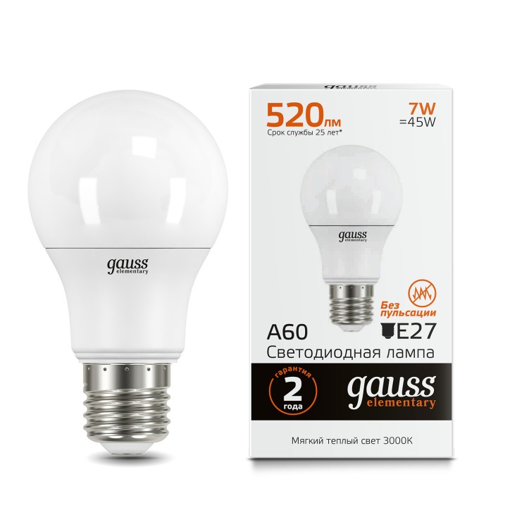 Лампа светодиодная LED 7 Вт 520 лм 3000К А60 груша теплый E27 AC 220В Elementary Gauss Лампа светодиодная LED 7 Вт 520 лм 3000К А60 груша теплый E27 AC 220В Elementary Gauss