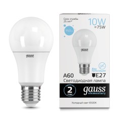 Лампа Gauss Elementary A60 10W 950lm 6500K Е27 LED 1/10/50