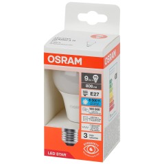 "Лампа светодиодная OSRAM LED Star, 806лм, 9Вт (замена 75Вт), 6500К (холодный белый свет). Цоколь E27, колба A, угол пучка 180°.