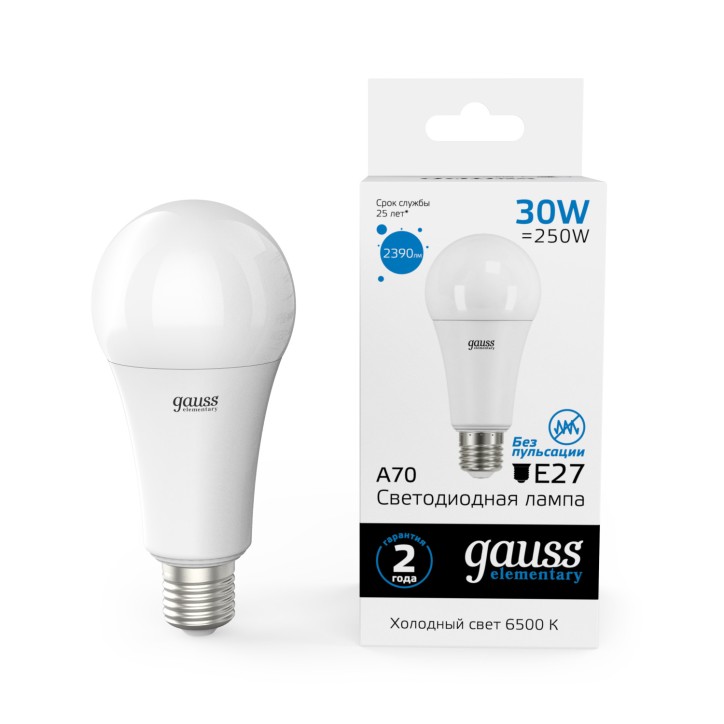 Лампа Gauss Elementary A70 30W 2390lm 6500K E27 LED 1/10/50