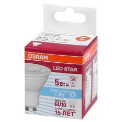 Лампа светодиодная OSRAM LED Star PAR16, 370лм, 5Вт (замена 50Вт), 4000К (нейтральный белый свет). Цоколь GU10, колба PAR16, уго