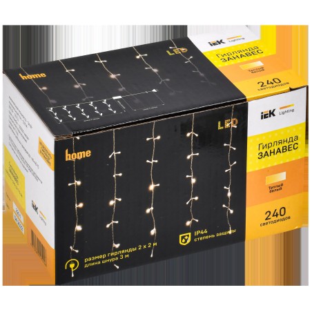 LIGHTING Гирлянда занавес 2х2м 240 светодиодов теплый белый свет IP44 прозрачный шнур 3м 230В транзи